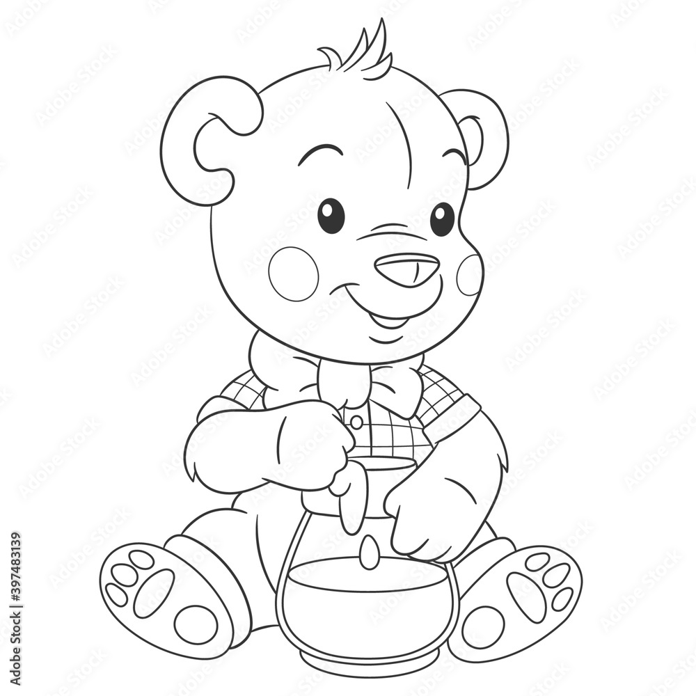 Coloring book page for kids with cute cartoon bear and honey. Vector