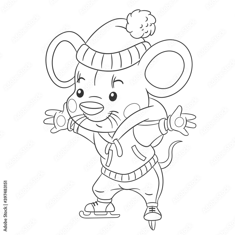 Obraz premium Coloring book page for kids with cute cartoon mouse ice skating. Vector illustration.