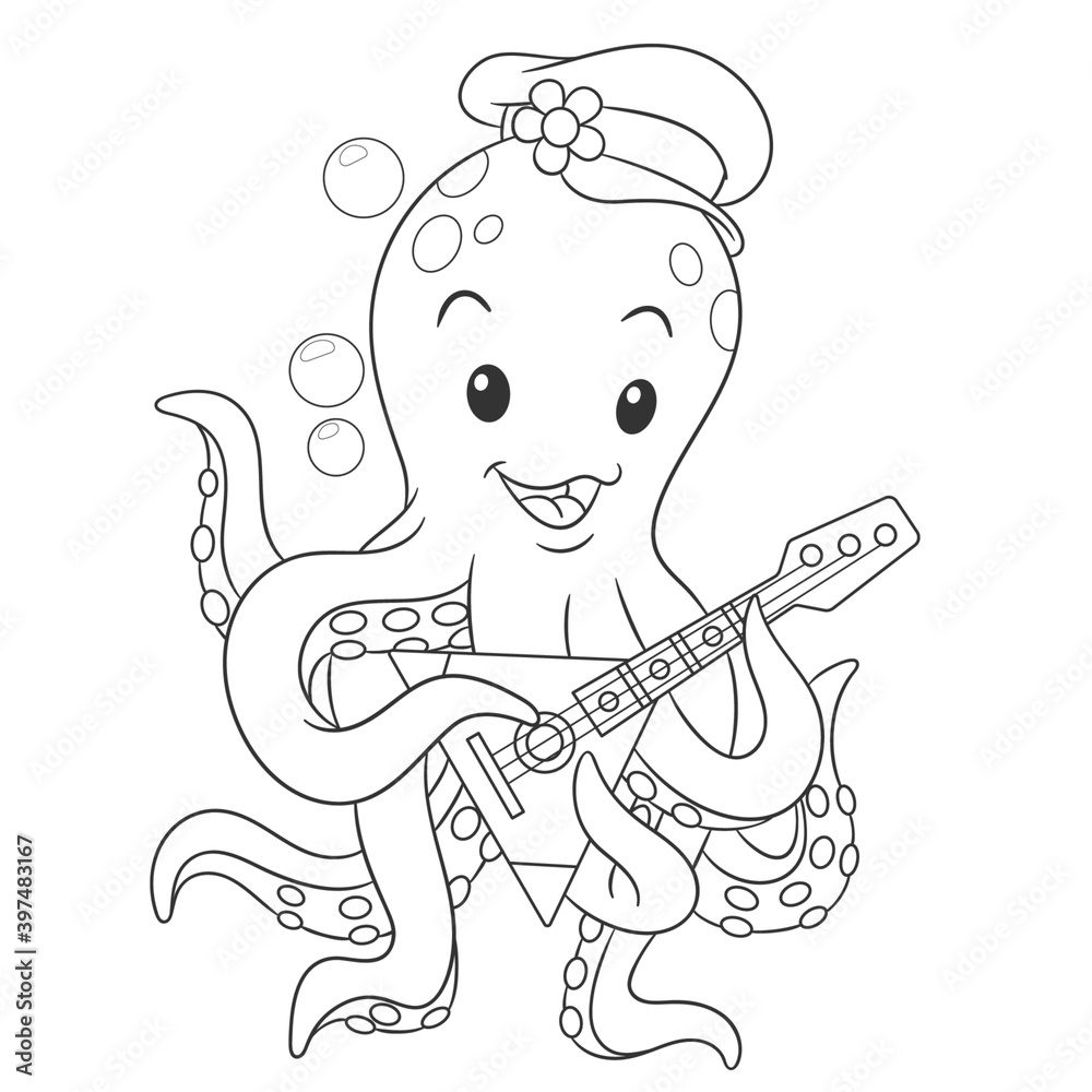 Fototapeta premium Coloring book page for kids with cute cartoon octopus. Vector illustration.
