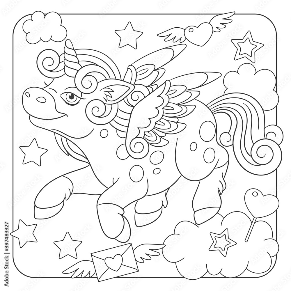 Coloring book page for kids with cute cartoon unicorn. Vector ...