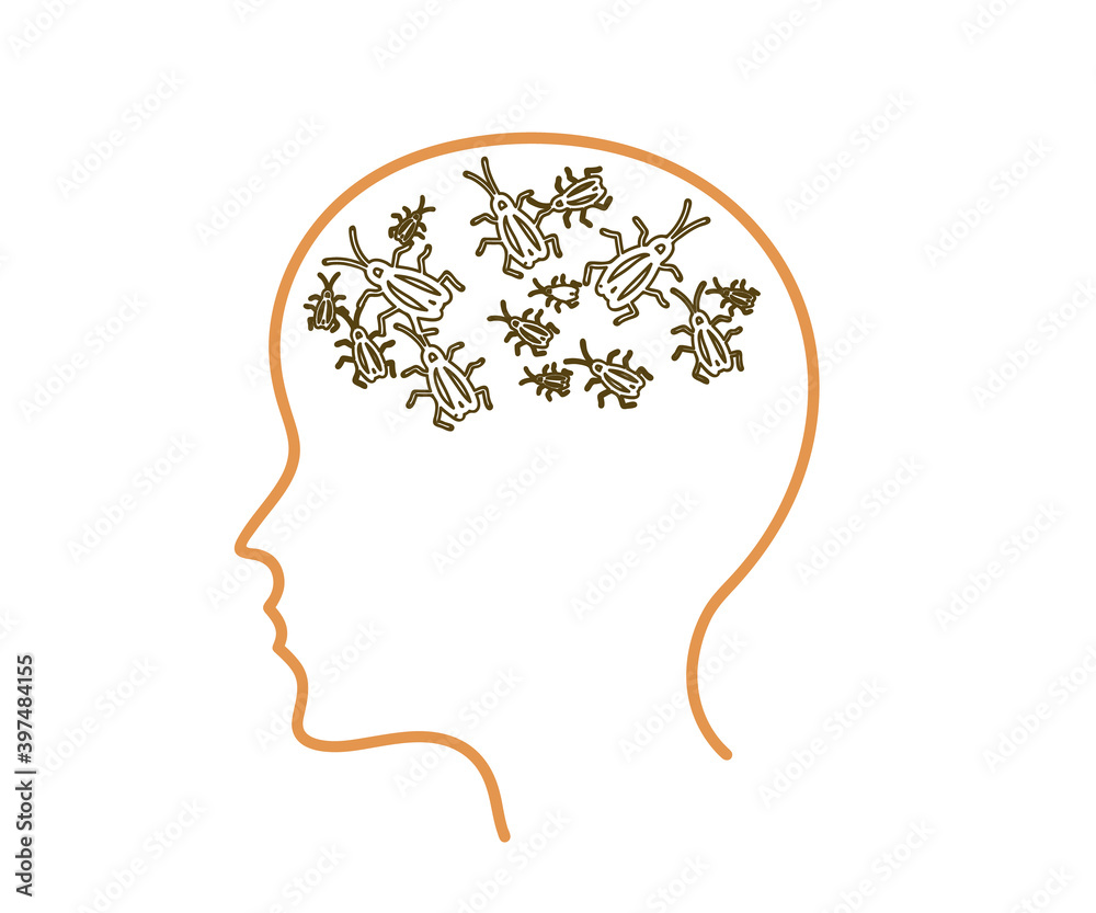 Cockroaches in my head. Human head symbol on a white background. Vector illustration. Cockroaches in my head. Human head symbol on a white background. Vector illustration.
