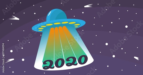 Vector illustration of ufo in the space getting away year 2020