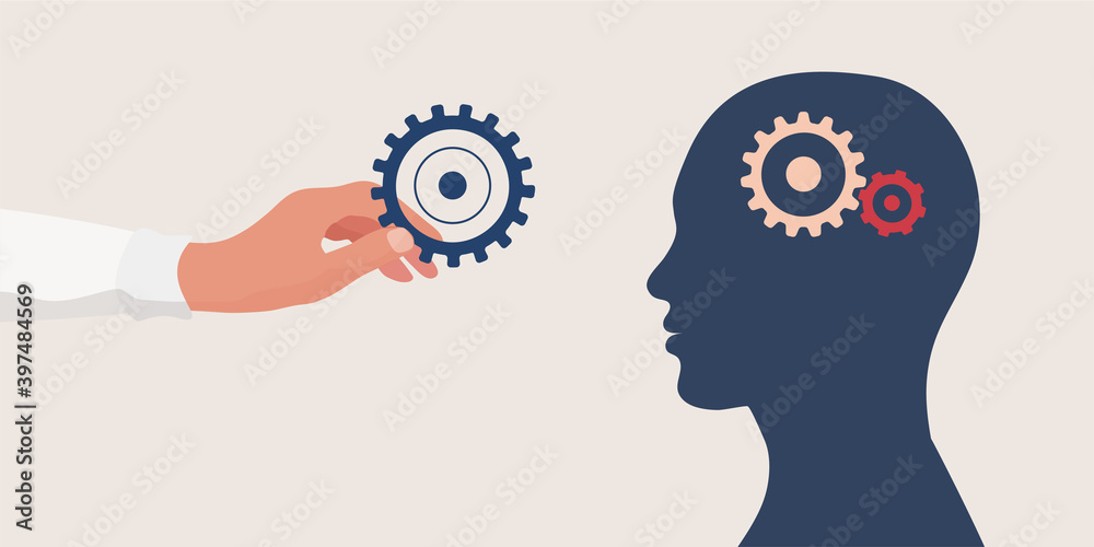 Mental health concept.Therapist or doctor hand holding a gear for as a symbol of mental care.Head with cogs.Psychology and psychiatry. Depression.Stress.Mind.Disease.Psychotherapy.Mood Mental health concept.Therapist or doctor hand holding a gear for as a symbol of mental care.Head with cogs.Psychology and psychiatry. Depression.Stress.Mind.Disease.Psychotherapy.Mood