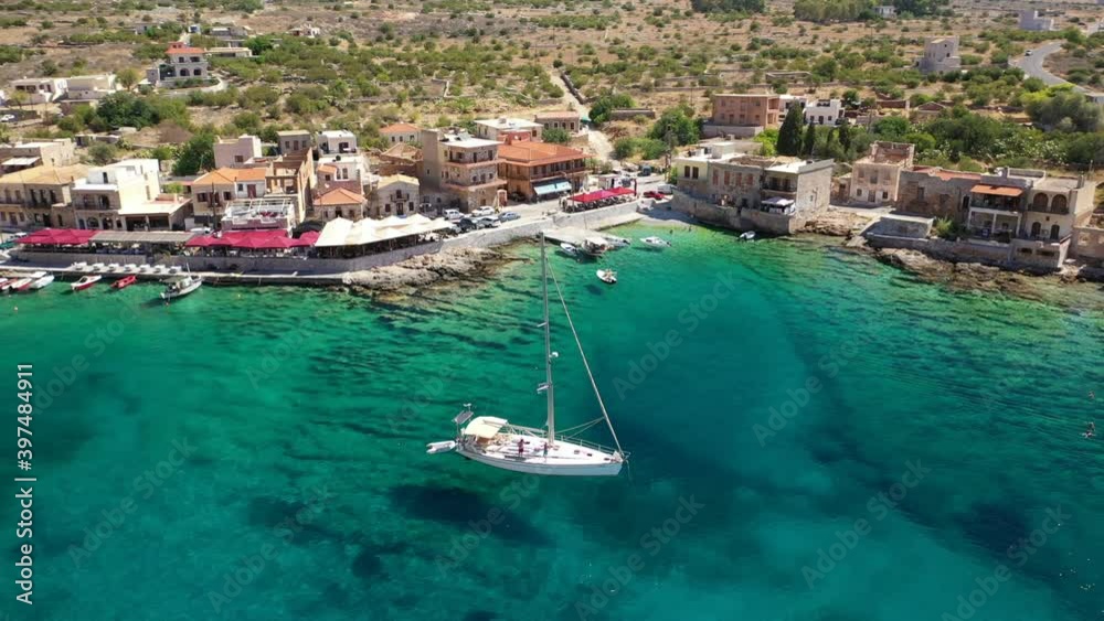 Aerial drone video of beautiful small village of Gerolimenas in the heart of Mani Peninsula, Peloponnese, Greece