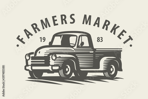 Farm truck emblem. Farming, agriculture symbol vector illustration