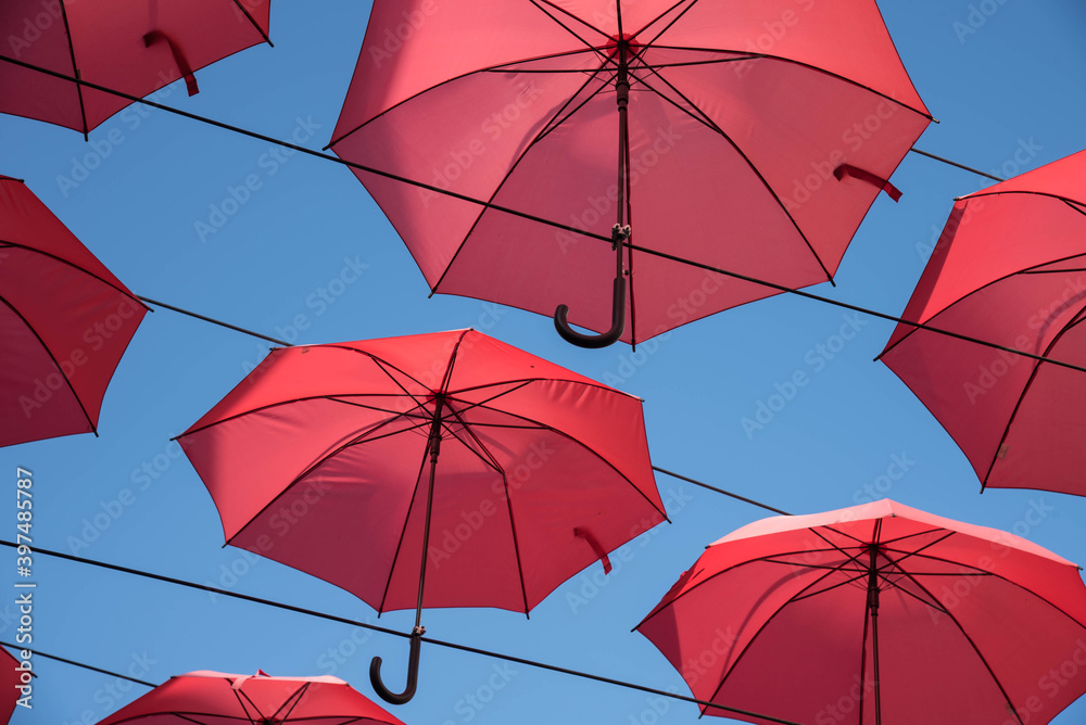 Umbrellas red, Street decoration - pedestrian street in Novi Sad, Serbia