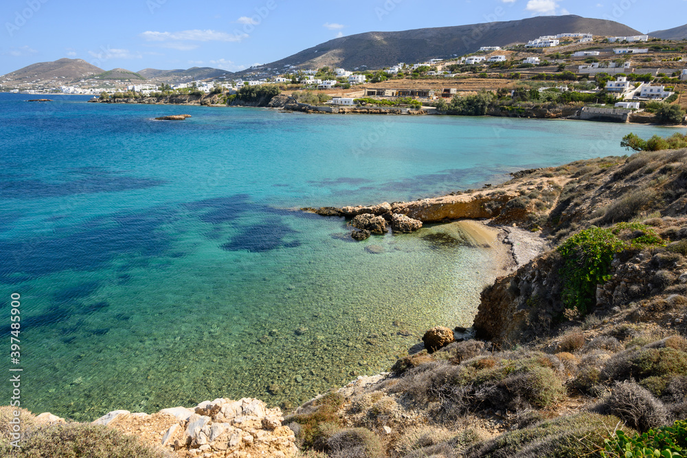 Picturesque Paros Bay with crystal and turquoise water. Paros Island, Cyclades, Greece