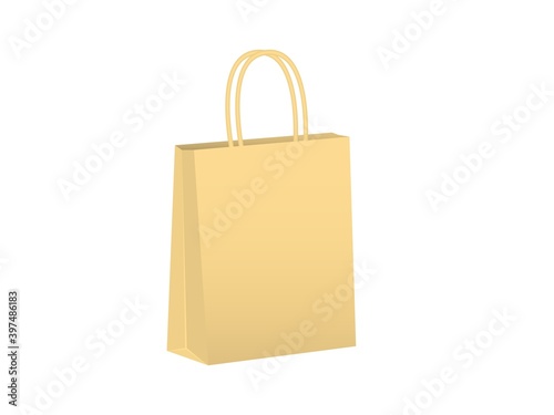 Grocery bag package. Yellow paper bag with twisted handles convenient cardboard container for carrying food and easy purchases from store and market ecological handy vector tool.