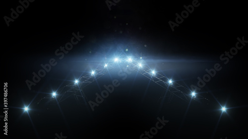 Fototapeta Naklejka Na Ścianę i Meble -  Triangular light design. 3D rendering lighting equipment on a stage. Blue light. Bright lighting with spotlights. Isolated