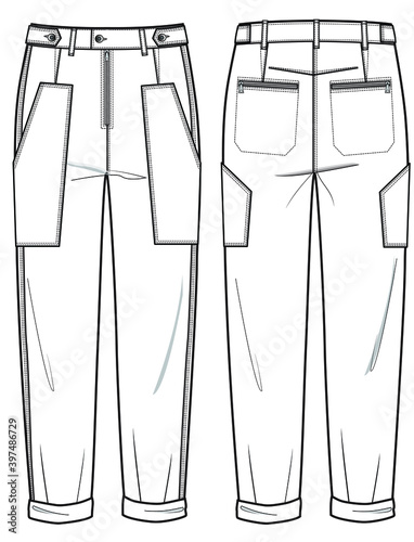Premium Vector | Loose pant front and back view flat sketch vector template