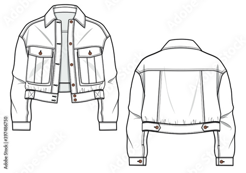 woman fashion design jacket CAD technical flat drawing illustration vector line pattern design clothing artwork textile sketch trend graphic hand-drawn utility photo