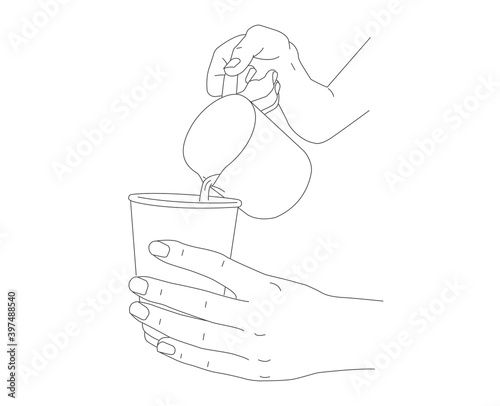Line illustration of human hands pouring milk or hot water from milk shaker into paper cup, barista making coffee latte, hand drawn sketch