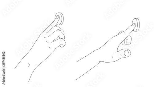 illustration of human index finger pressing round button, line hand drawn graphic, two positions from both sides of arm, isolated linear illustration