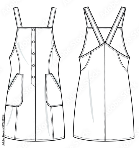 woman fashion design pinny dress CAD technical flat drawing illustration vector line pattern design clothing artwork textile sketch trend graphic hand-drawn