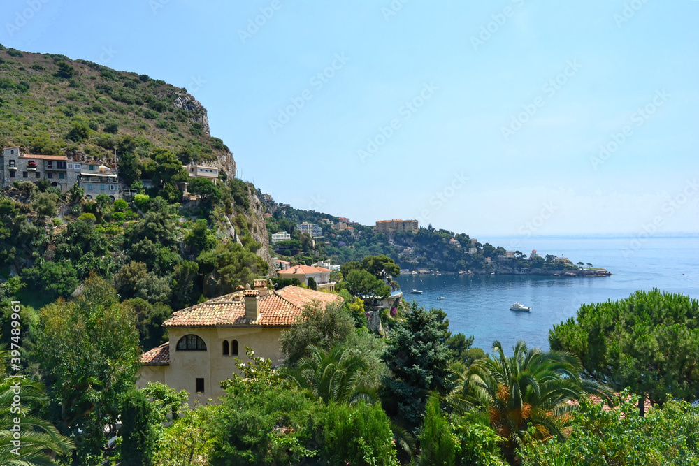 Quaint town along the French Riviera with colorful pastel buildings