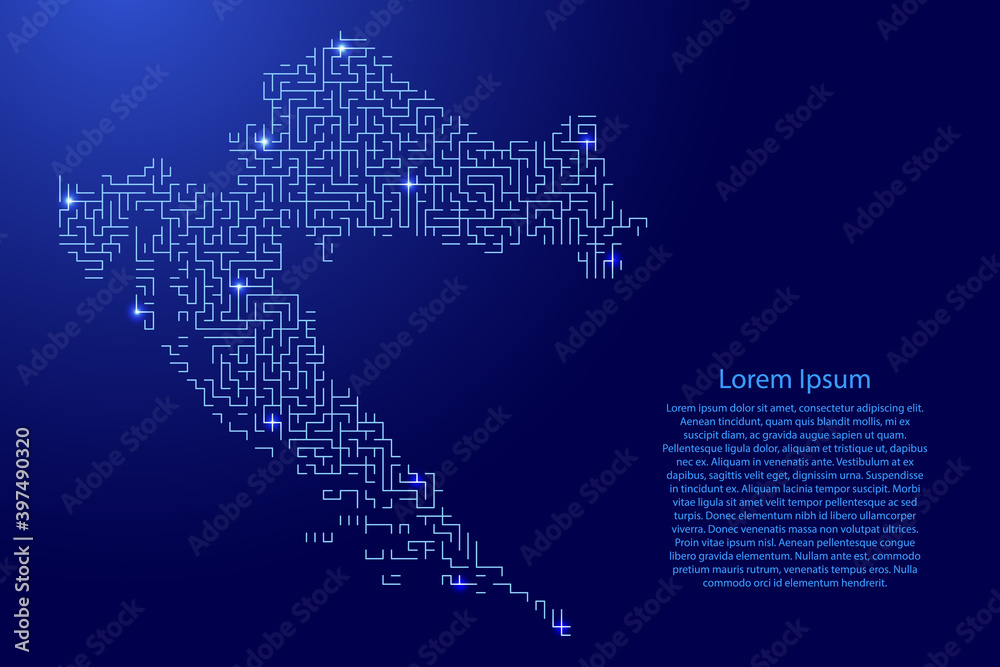 Croatia map from blue pattern of the maze grid and glowing space stars grid. Vector illustration.