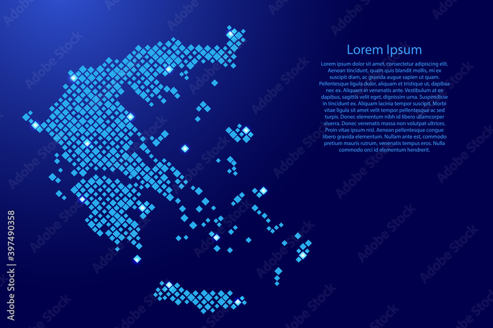 Greece map from blue pattern rhombuses of different sizes and glowing space stars grid. Vector illustration.
