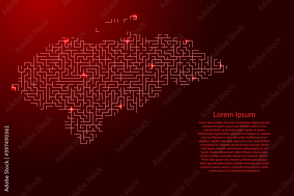Honduras map from red pattern of the maze grid and glowing space stars grid. Vector illustration.