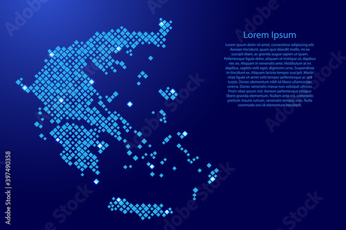 Greece map from blue pattern rhombuses of different sizes and glowing space stars grid. Vector illustration.