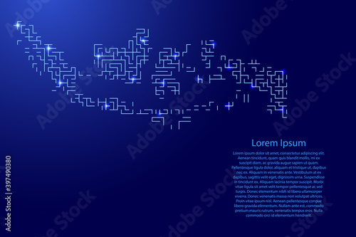 Indonesia map from blue pattern of the maze grid and glowing space stars grid. Vector illustration. © elenvd