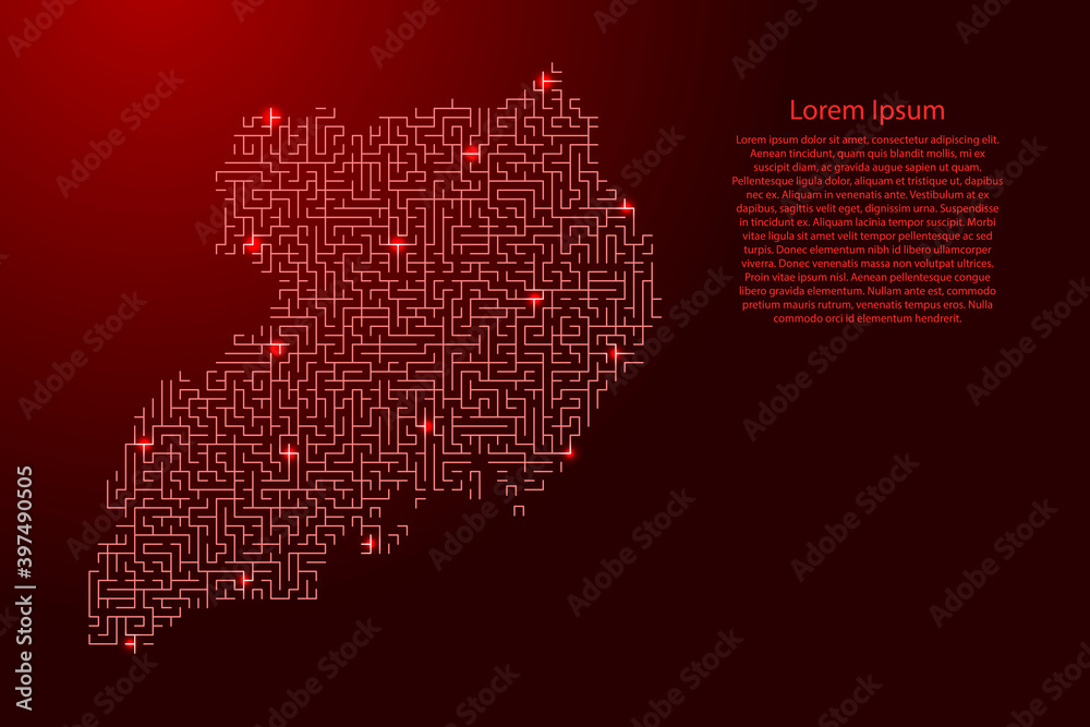 Uganda map from red pattern of the maze grid and glowing space stars grid. Vector illustration.