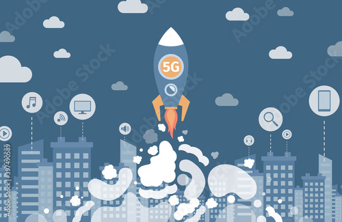 Space rocket with 5G flying to the sky vector flat illustration. 5G wireless network technology for faster connectivity.