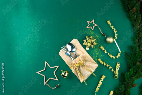 Christmas Green Festive Background with Cutlery