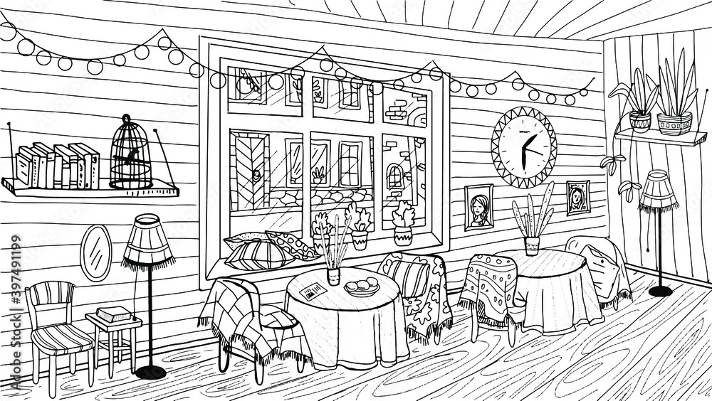 coloring the interior of a cafe, restaurant, black and white drawing, made by hand,