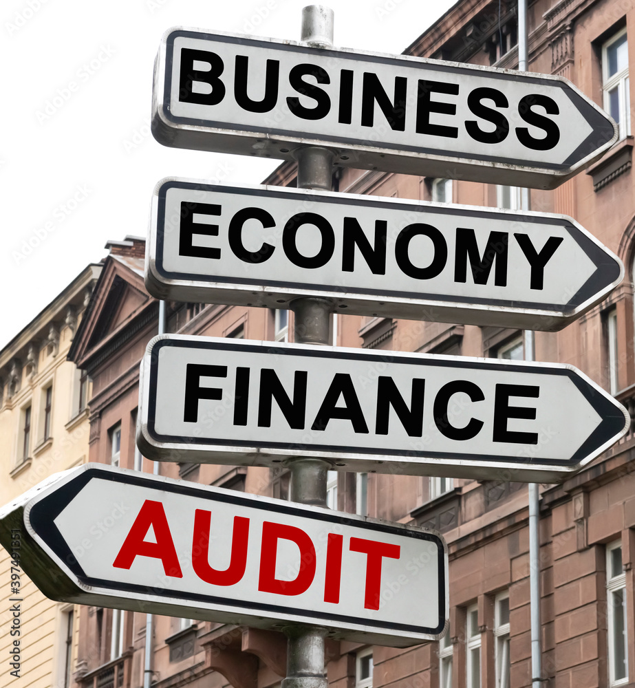 The road indicator on the arrows of which is written - business, economics, finance and AUDIT The road indicator on the arrows of which is written - business, economics, finance and AUDIT