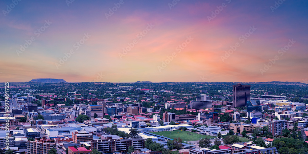 Panoramic view of bloemfontein city during twilight sky in Free State South Africa