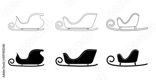 Fototapeta Naklejka Na Ścianę i Meble -  Santa sleigh silhouette and outline set. Sledge of santa claus shapes. Christmas slide black and contour icon collection. Empty claus sled vector symbol isolated on white background.
