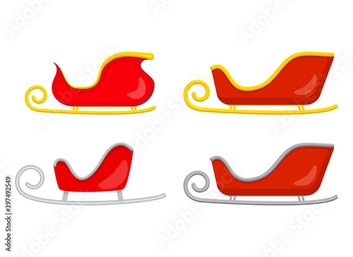 Santa sledge set. Sleigh of santa claus. Christmas slide illustration isolated on white background.  Empty red claus sled collection. Vector symbol, icon, design for xmas. Seasonal cartoon clipart.