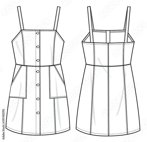 woman fashion design pinny dress CAD technical flat drawing illustration vector line pattern design clothing artwork textile sketch trend graphic hand-drawn