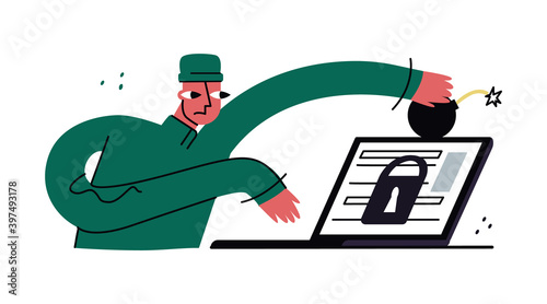 Vector flat abstract illustration concept of doxing, cyber security, software, hacking, pwned, antivirus, secure web traffic. Hacker, personal data thief, is depicted.