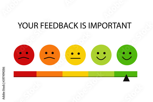 Vector Illustration of Feedback Score. Color Emoticon Review.