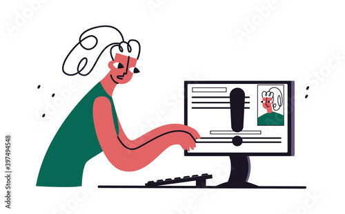 Vector flat abstract illustration concept of doxing, cyber security, software, pwned, antivirus, secure web traffic. Image shows woman who discovered hacking personal page.