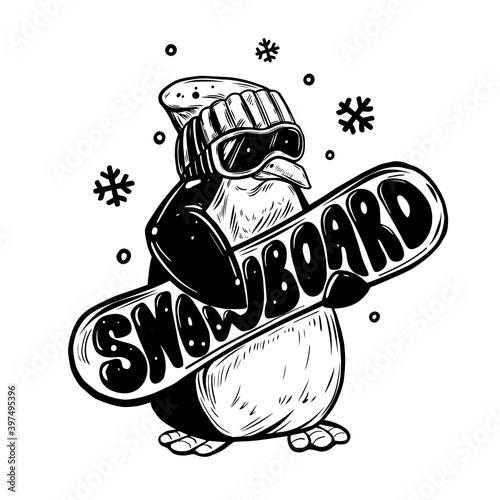 Penguin on a snowboard. Snowboarder. Vector illustration