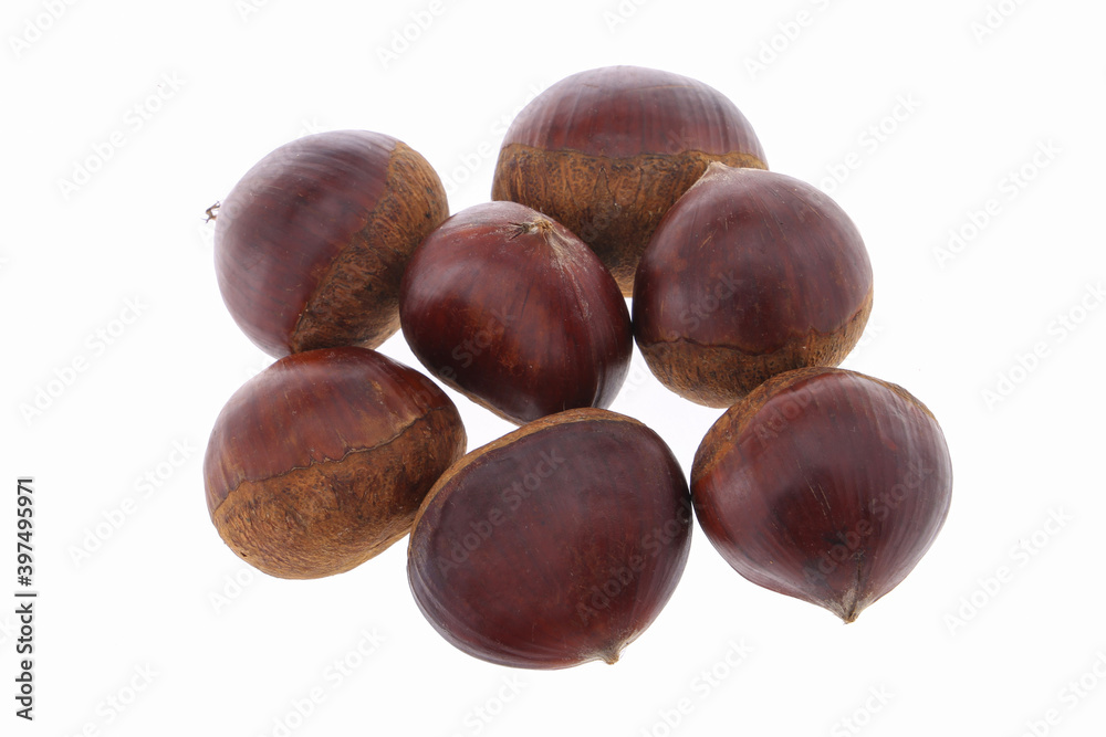 Fresh chestnuts with peeled roasted chestnut isolated on white background. Hippocastanum isolated. Isolated chestnut set Fresh chestnuts with peeled roasted chestnut isolated on white background. Hippocastanum isolated. Isolated chestnut set