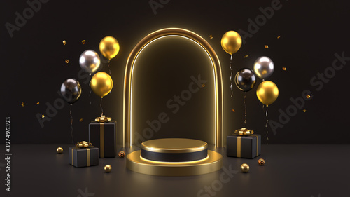 3d rendering of luxury podium with balloon on black background