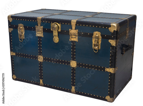 Antique Tin Travel Trunk Steamer Chest closed isolated on white background photo