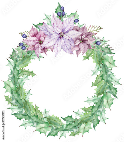 Watercolor Christmas mistletoe wreath decorated with pink poinsettia flowers. Hand-drawn New Year's template.