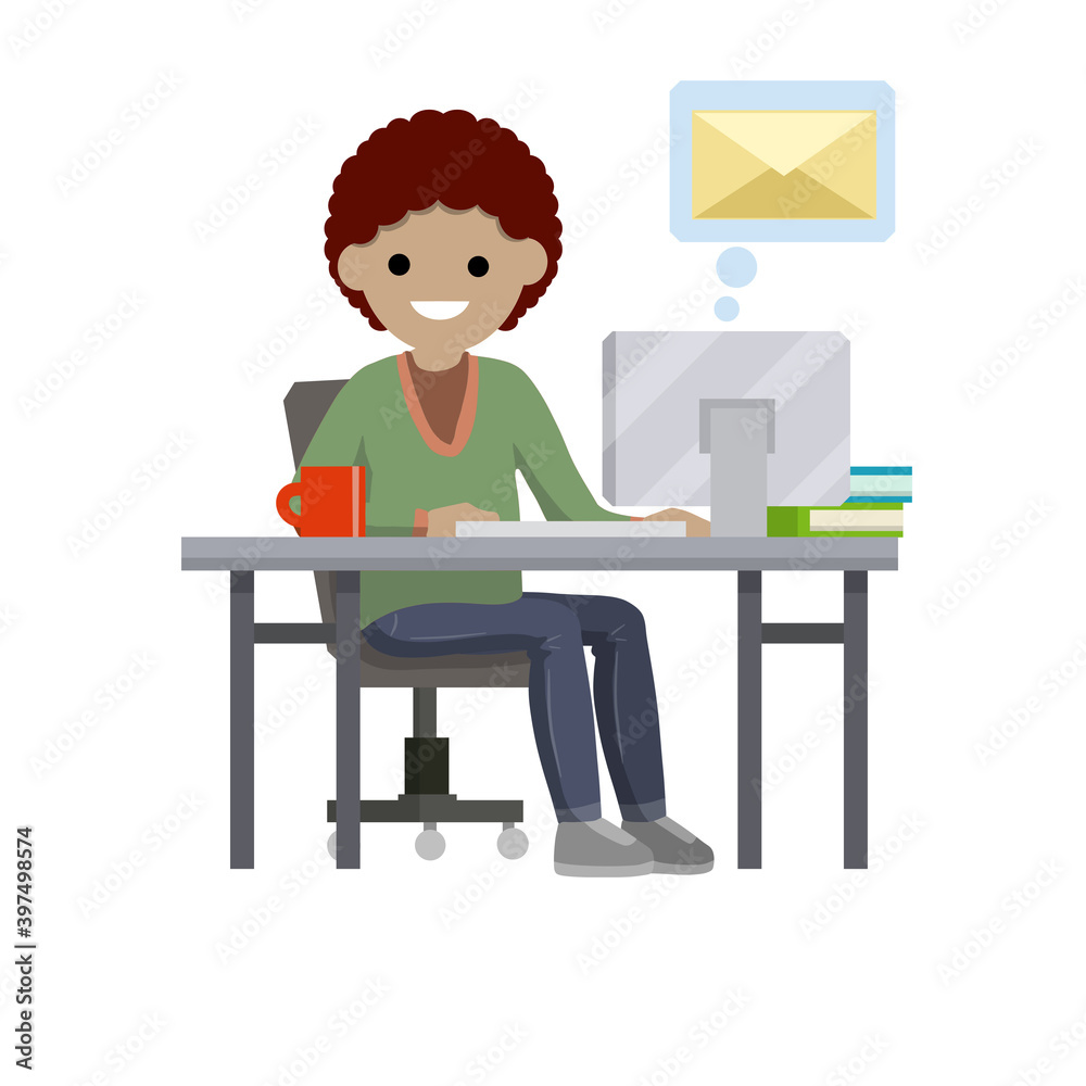 Young woman sit at table with computer and receives letter. Young woman sit at table with computer and receives letter.