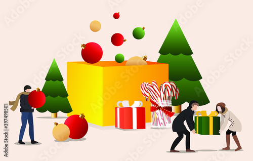 Christmas realistic gift and decor design. People in winter clothes are huge gifts and toys. Gift box, Christmas balls, Christmas tree, caramel candies, working people.