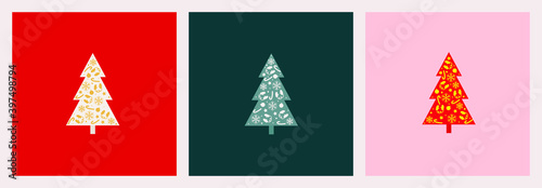 Abstract Christmas or New Year set. Festive Christmas tree design with Christmas decorations for Christmas tree decorations, mittens, snowflakes, candies, stars and sparkles.