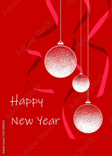 Festive design for postcard, brochure, background, invitation, congratulations Happy New Year!
Abstract Christmas balls with festive ribbons on a red background.