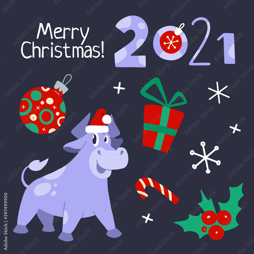 Funny bull. Symbol of 2021 year. Year of the bull. New Year Cute Cow illustration in cartoon style.