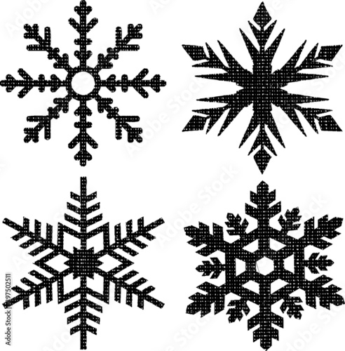 Grunge Textured Snowflakes Collection. Can be used as Banners, Insignias or Badges. Vector Distressed Texture Set. Blank Geometric Shapes. Vector Illustration. Black isolated on white. EPS10.