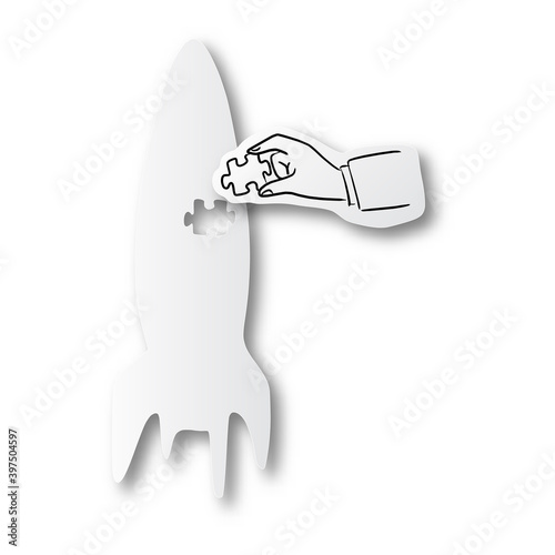 Vector illustration black line hand drawn of businessman hand holding jigsaw puzzle on startup rocket shape cut paper with shadow isolated on white background. Paper art. Business teamwork concept.
