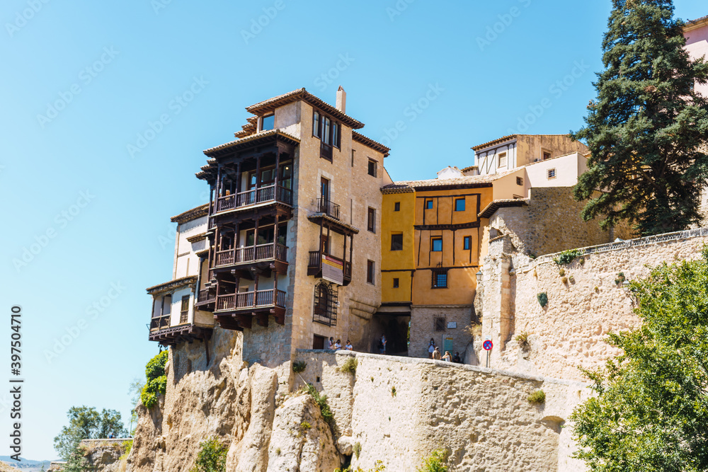 Beautiful view of the hanging houses of the medieval city of Cuenca, Spain, on a sunny morning. Landscape
