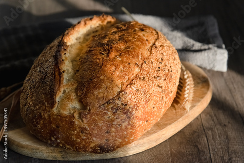 The handcrafted tartin bread lies on a wooden surface next to wheat ears. Farming and home baking concept